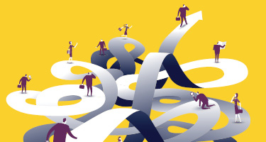 People walking on a maze of twisting roads against yellow screen