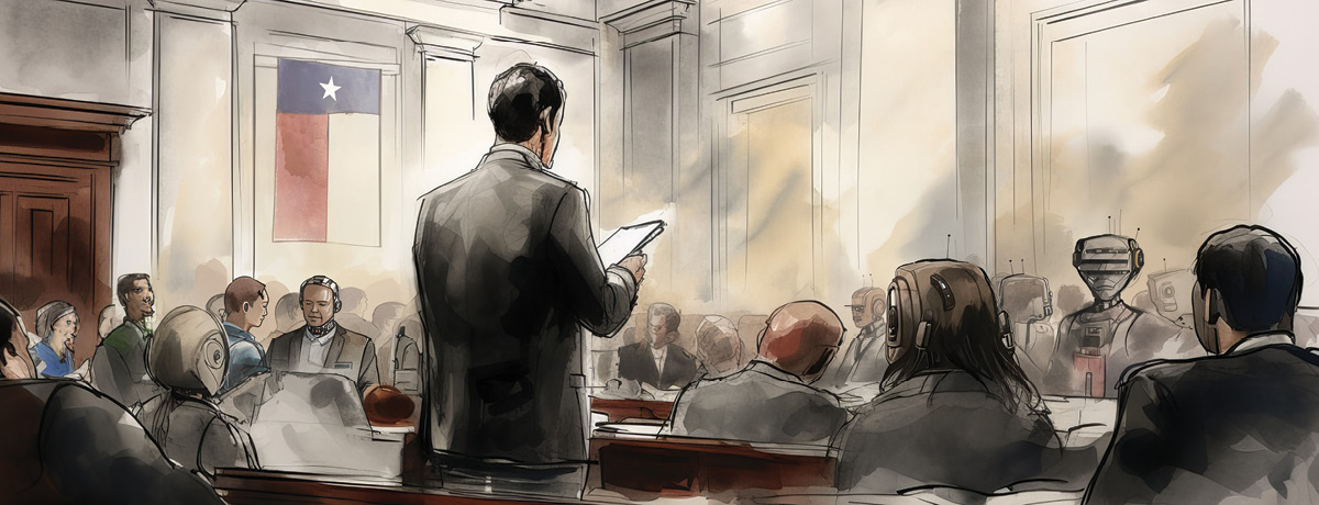 Watercolor Image of a Man Standing and Reading a Document in Court