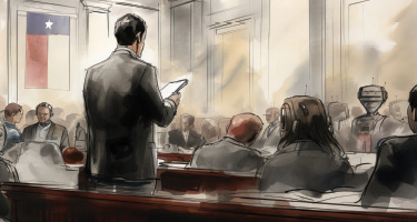 Watercolor Image of a Man Standing and Reading a Document in Court