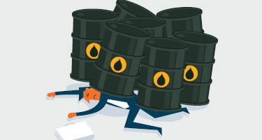 Cartoon of a man in a suit pinned under oil barrels