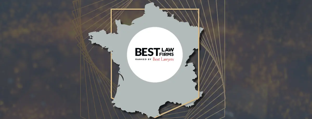 Map outline of France featuring the Best Law Firms ranked by Best Lawyers logo in a circular badge.