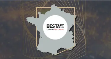 Map outline of France featuring the Best Law Firms ranked by Best Lawyers logo in a circular badge.