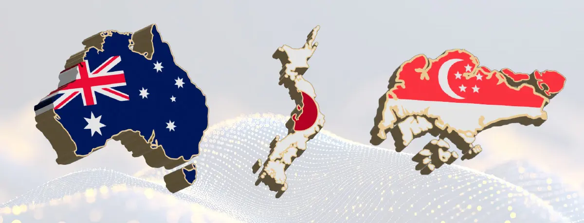 Illustrated maps of Australia, Japan and Singapore displayed with their national flags, representing