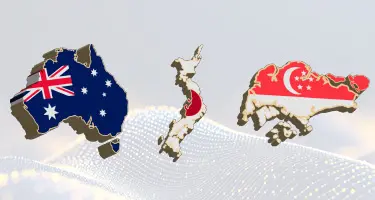 Illustrated maps of Australia, Japan and Singapore displayed with their national flags, representing