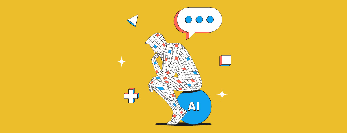 Wireframe figure with AI sphere and chat bubble symbolizing AI search technology