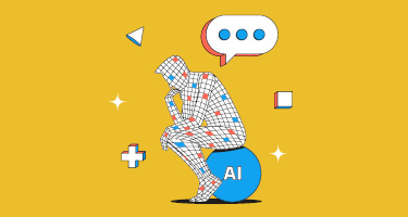 Wireframe figure with AI sphere and chat bubble symbolizing AI search technology