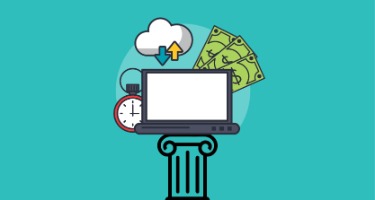 Blue background with column with laptop on top with money, alarm clock, and a cloud