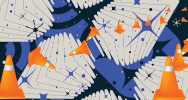 Visual collage of shapes and patterns with traffic cones