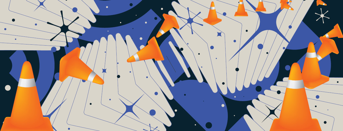 Visual collage of shapes and patterns with traffic cones