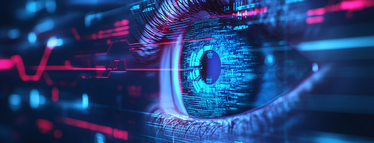 Digital eye with futuristic overlays, symbolizing legal innovation and technology