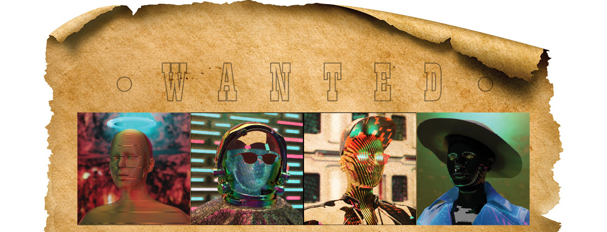 Old Western Wanted Poster with pictures of four colorful AI robots
