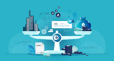 Justice scale being balanced between buildings and a large pot of money 