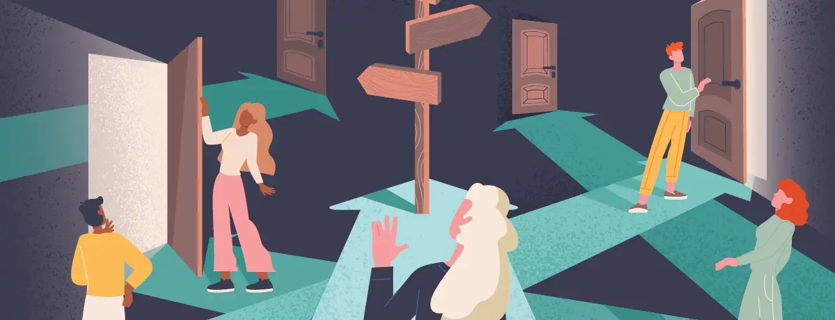 An illustration showing individuals standing at a crossroads with multiple doors.