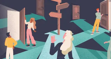 An illustration showing individuals standing at a crossroads with multiple doors.