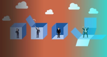 Four businessmen standing inside of four boxes with orange background and teal border 