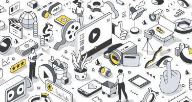 Three animated individuals surrounded by lifesized technology and money symbol