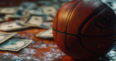 Basketball sits in front of stacks of money