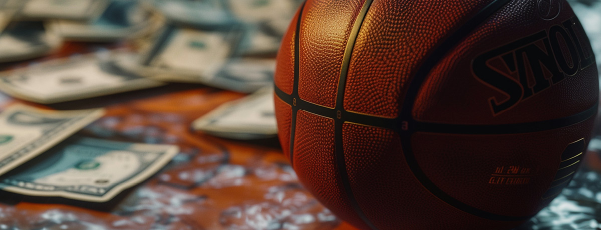 Basketball sits in front of stacks of money