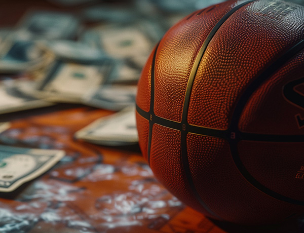 Basketball sits in front of stacks of money