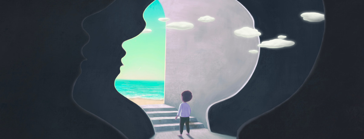 Animated child looking at staircase to beach scene