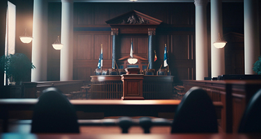View of courtroom judges stand from the lawyer bench