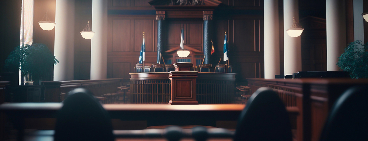 View of courtroom judges stand from the lawyer bench