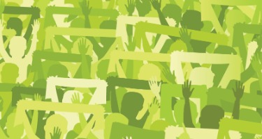 Green background with lots of cartoon people's hands in the air 
