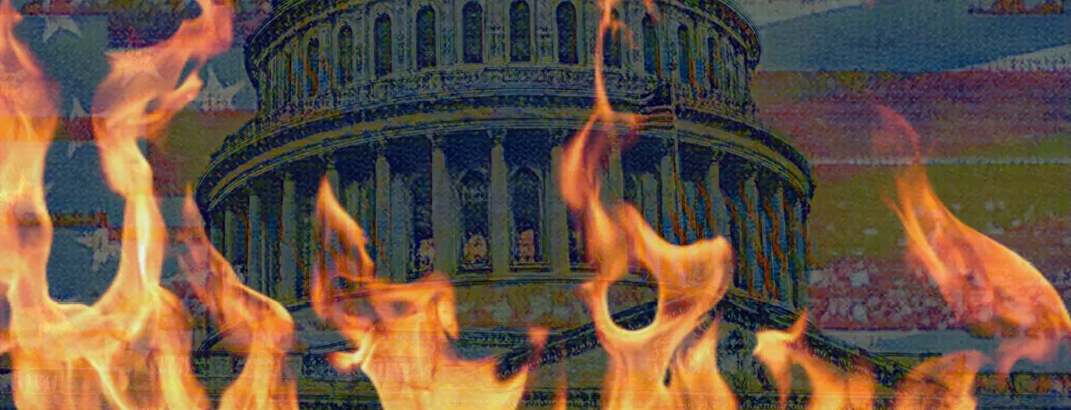 A stylized image of the U.S. Capitol building superimposed with flames and the American flag.