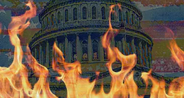 A stylized image of the U.S. Capitol building superimposed with flames and the American flag.