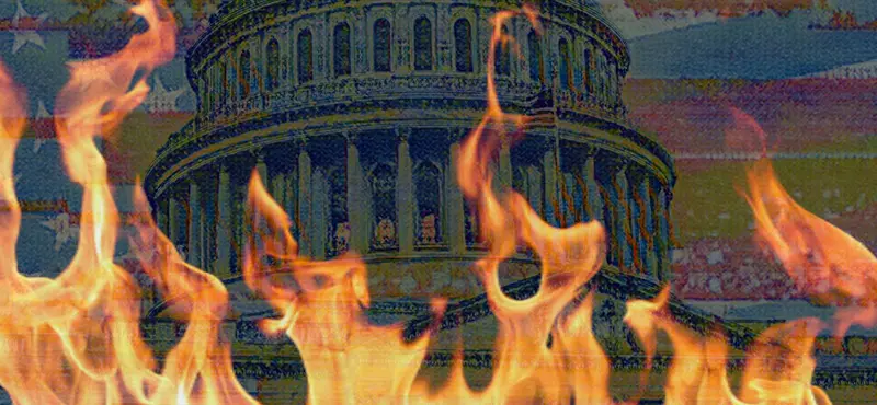 A stylized image of the U.S. Capitol building superimposed with flames and the American flag.