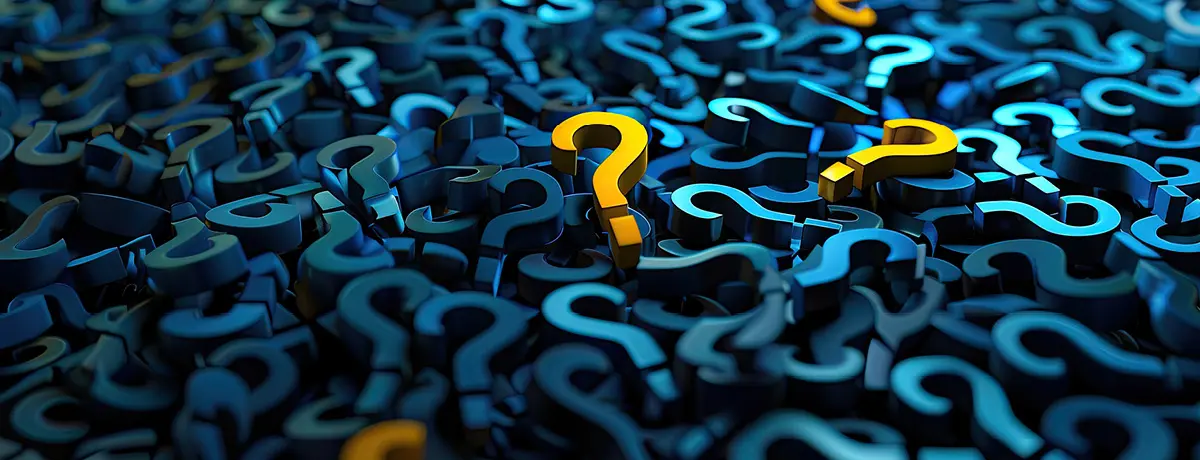 Pile of question marks with a single bright yellow question mark in the center, representing search.