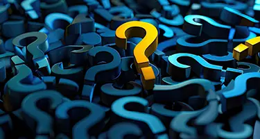 Pile of question marks with a single bright yellow question mark in the center, representing search.
