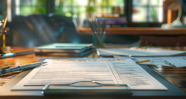An open contract on a wooden desk with a pen beside it, symbolizing legal review.