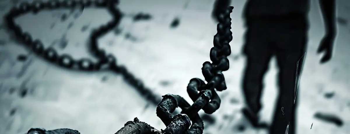 A heavy chain lying on the ground in the foreground with a blurred figure standing in the background