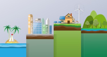 Illustration of different terrains and buildings, representing environmental law