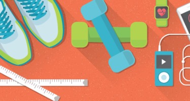 Orange background with gym shoes, weights, watches, phone, and measuring tape