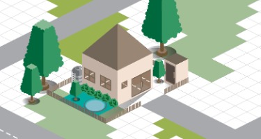 Cartoon image of a house in Louisiana with trees next to a road 