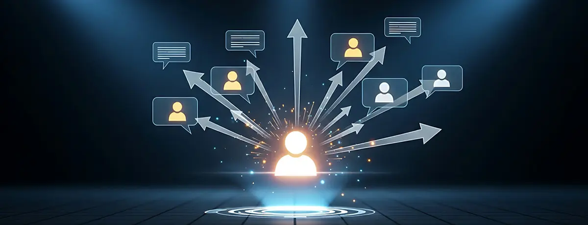 Glowing silhouette connected by arrows to speech bubbles with user avatars