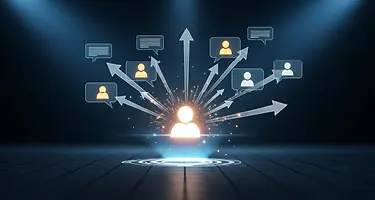Glowing silhouette connected by arrows to speech bubbles with user avatars