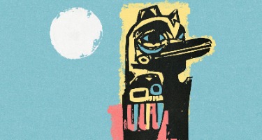 Blue background with white sun and Native American tiki statue