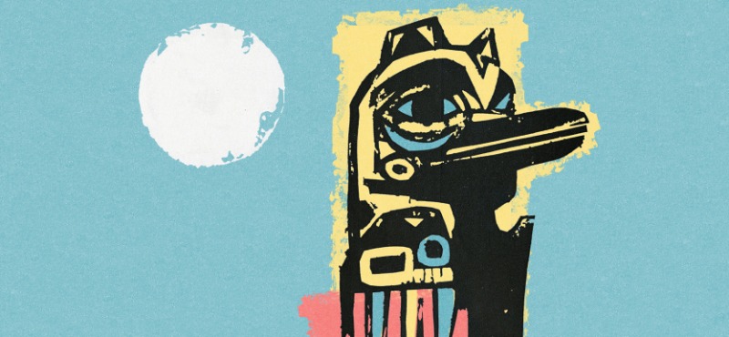 Blue background with white sun and Native American tiki statue