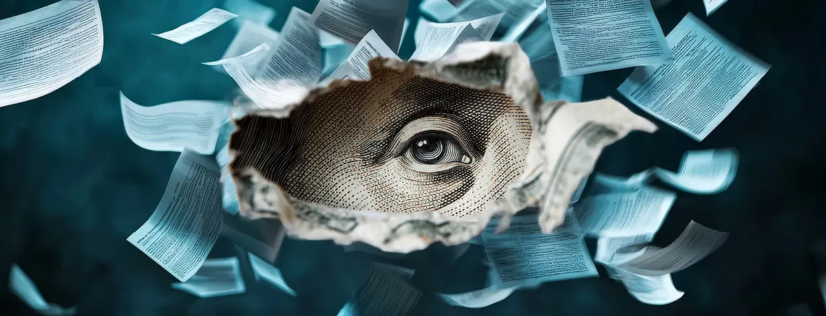 A torn dollar bill revealing a watchful eye, surrounded by flying documents