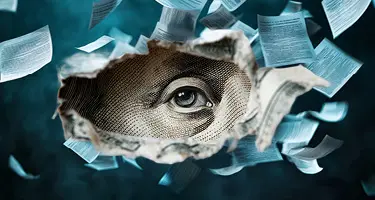 A torn dollar bill revealing a watchful eye, surrounded by flying documents