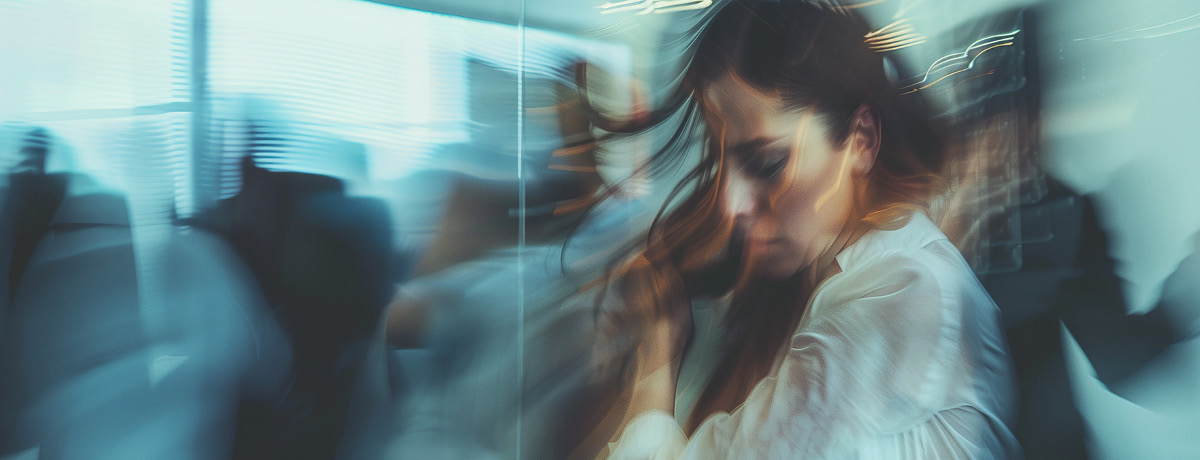 Blurred image of a distressed employee in an office, surrounded by motion-blurred coworkers, conveyi