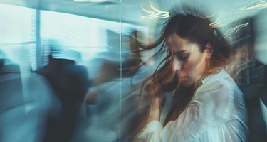 Blurred image of a distressed employee in an office, surrounded by motion-blurred coworkers, conveyi
