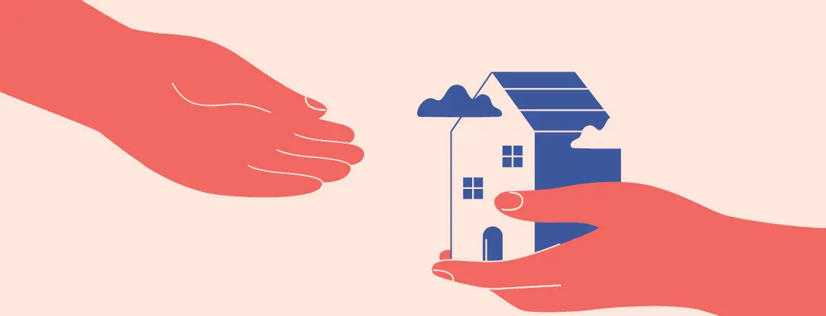 A vector illustration of two hands passing a small house icon, symbolizing property ownership and tr