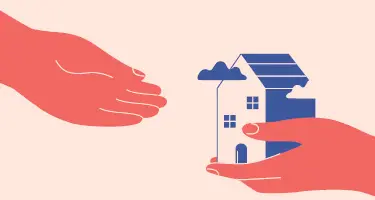 A vector illustration of two hands passing a small house icon, symbolizing property ownership and tr