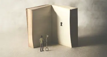 Figure stands before an open giant book, holding a large key, facing a keyhole on the inner page. 