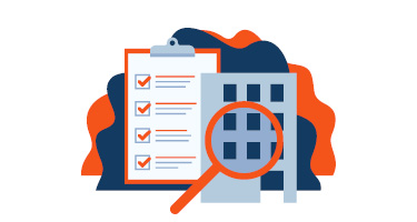 Animated magnify glass in front of building and checklist