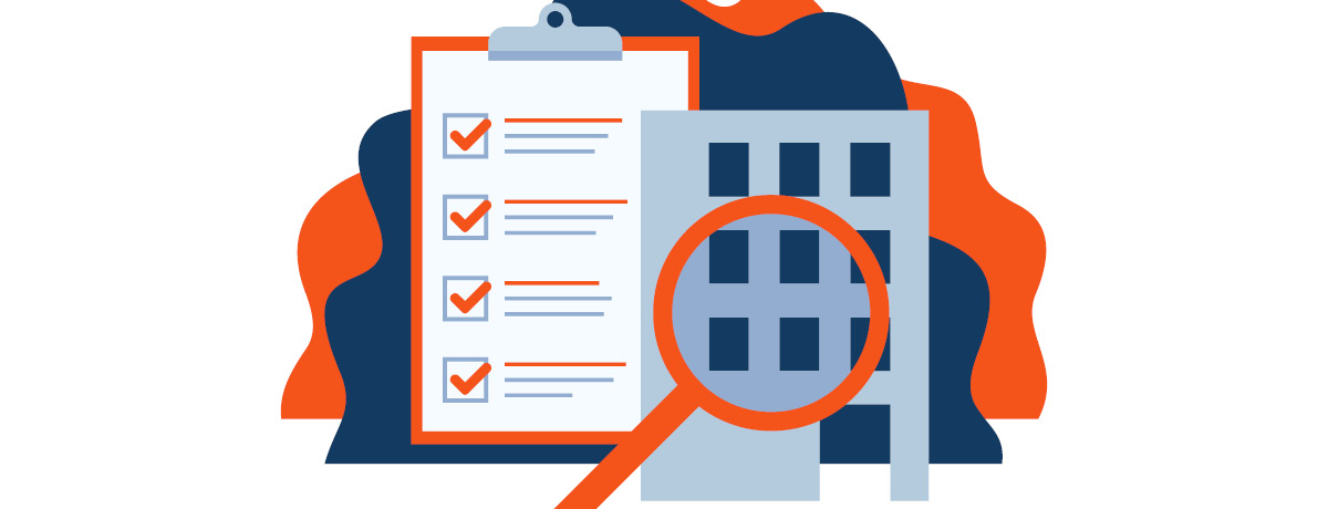 Animated magnify glass in front of building and checklist